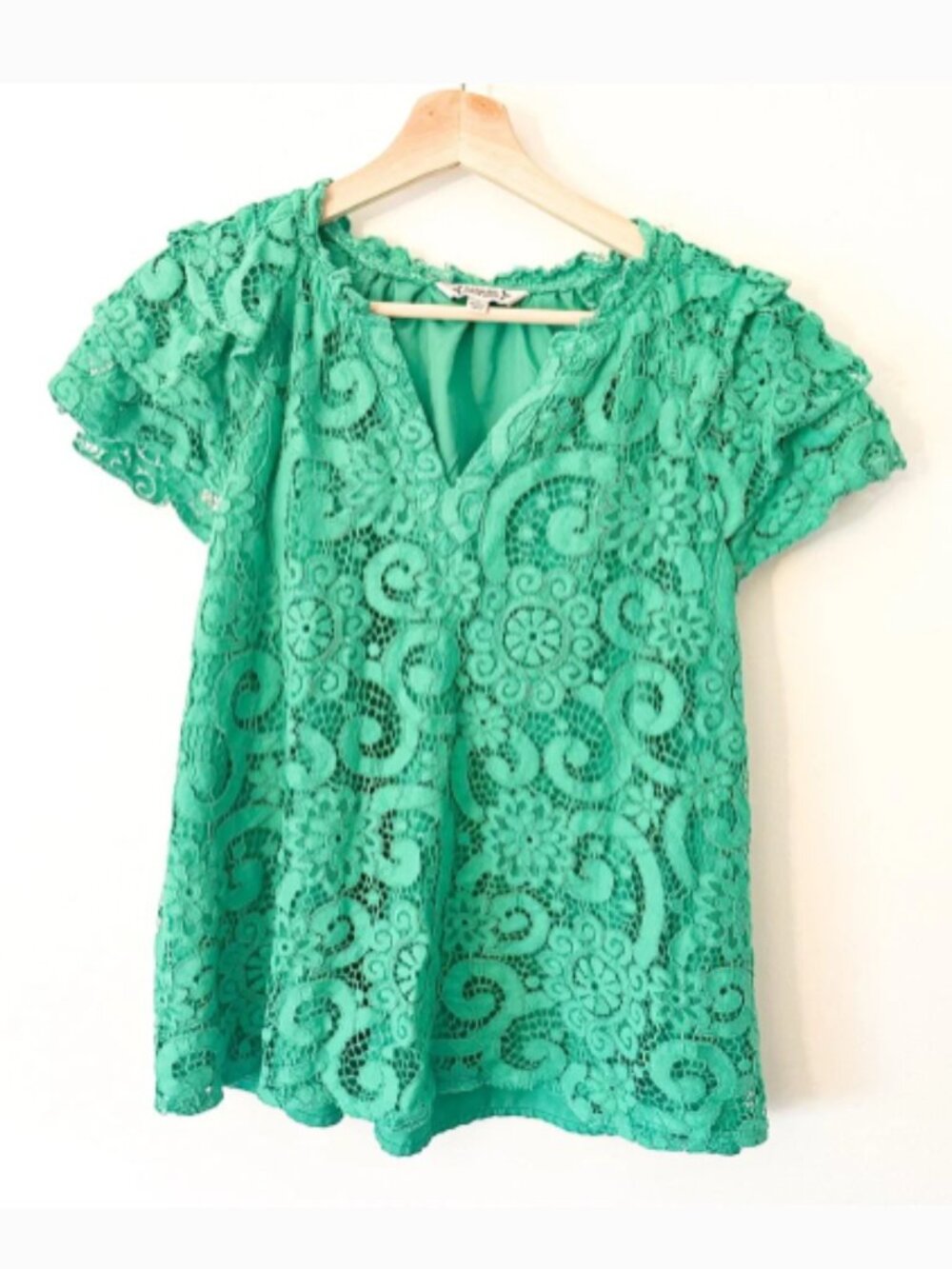 Nanette Lepore Lily Pad Green Lace Flutter Sleeve V-Neck Top Blouse XL 14/16